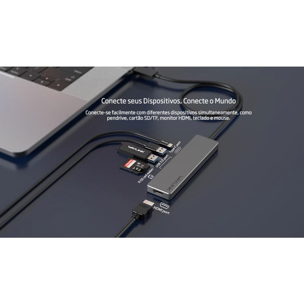 Imagem 2 de 5 do produto Hub Usb-c Wavlink, 7 Em 1 De Alumínio Com Alimentação 100w, HDMI, Sd E Micro Sd - Wl-uhp3407