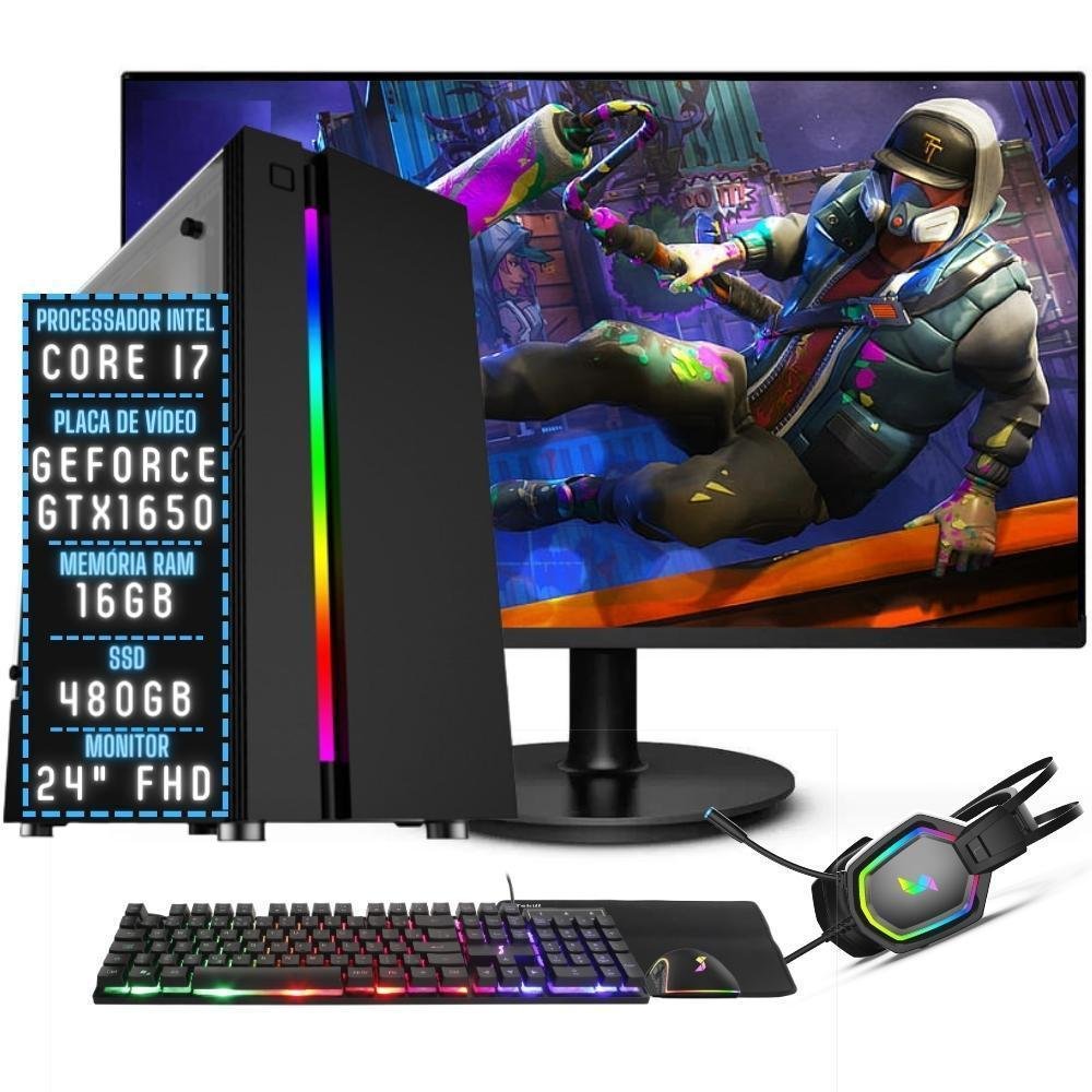 Pc Gamer Completo Join Intel Core I7 16GB RAM SSD 480GB, Geforce GTX 1650 4GB Fonte 500w + Monitor 24'' 75hz 3gj-076
