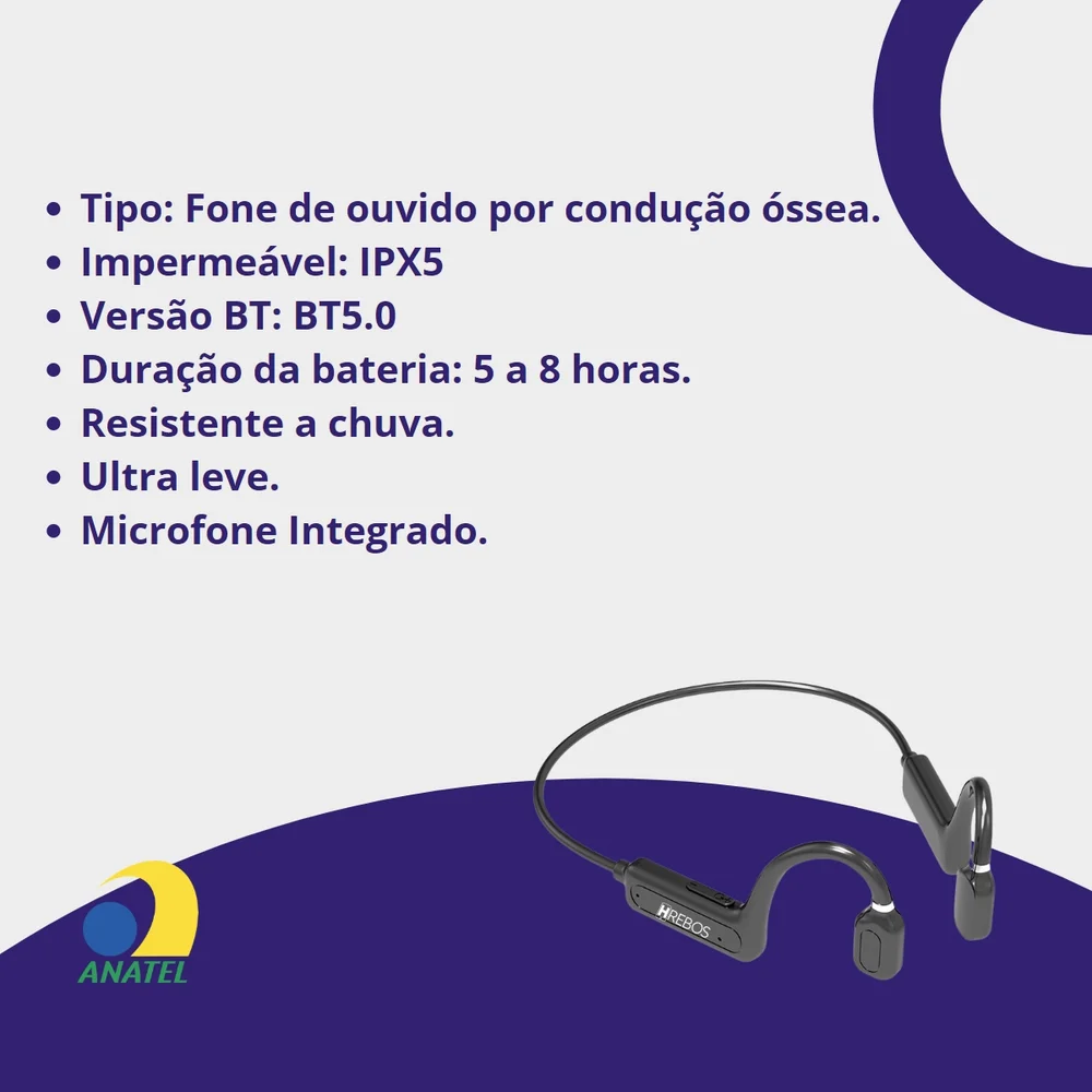 Imagem 4 de 5 do produto Fone De Ouvido Sem Fio Hrebos Bluetooth Neckband Wireless Stereo Por Indução Óssea