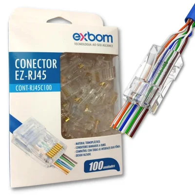 100 Conector Exbom Rj45 Cat5e Ez Vazado 8p8c Rj-45 Para Cabo De Rede Patch Cord Lan