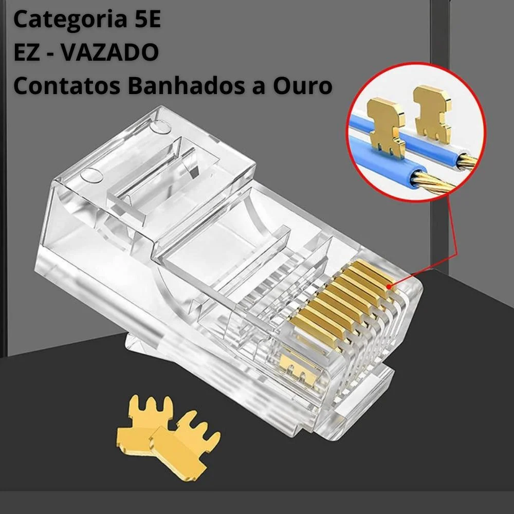 Imagem 4 de 5 do produto 100 Conector Exbom Rj45 Cat5e Ez Vazado 8p8c Rj-45 Para Cabo De Rede Patch Cord Lan
