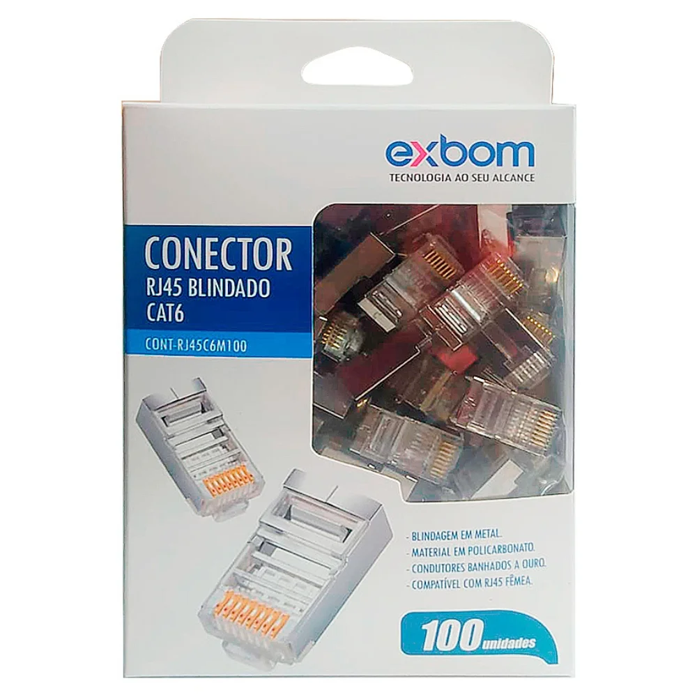 Imagem 1 de 4 do produto 100 Conector Rj45 Cat6, Exbom, Blindado, 8p8c Rj-45 para Cabo De Rede Patch Cord, Lan Gigabit