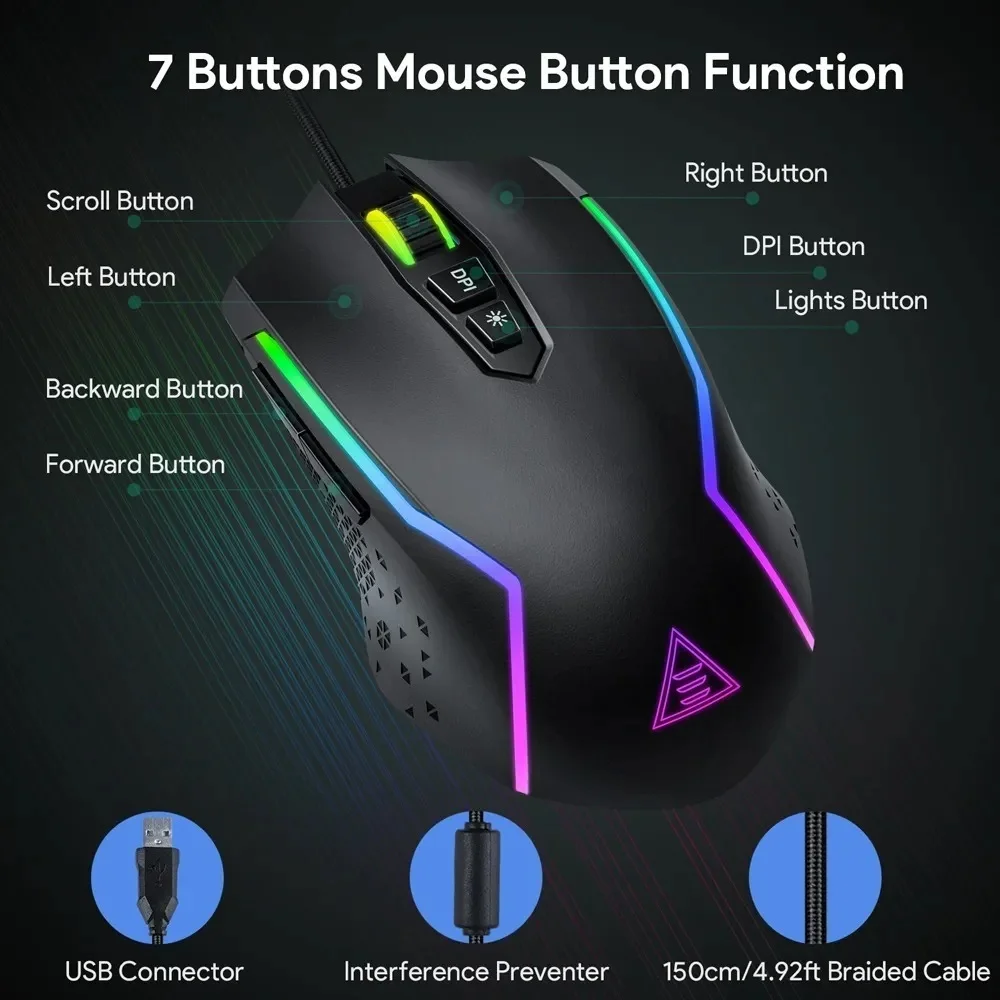 Imagem 3 de 4 do produto Mouse Gamer Eksa Em100 RGB 8000, DPI, 7 Botões - Preto