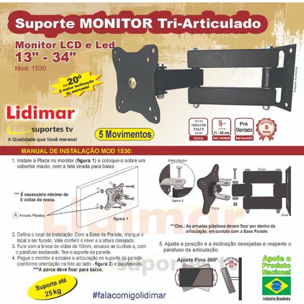 Imagem 3 de 3 do produto Suporte Lidimar Monitor Tri Articulado 13 À 34 Polegadas Lidimar Preto