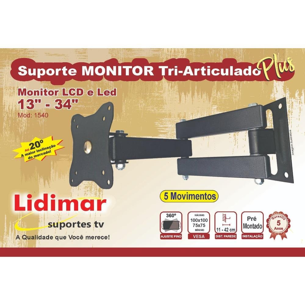 Imagem 2 de 3 do produto Suporte Lidimar Monitor Tri Articulado Plus 13 À 34 Polegadas Lidimar Preto
