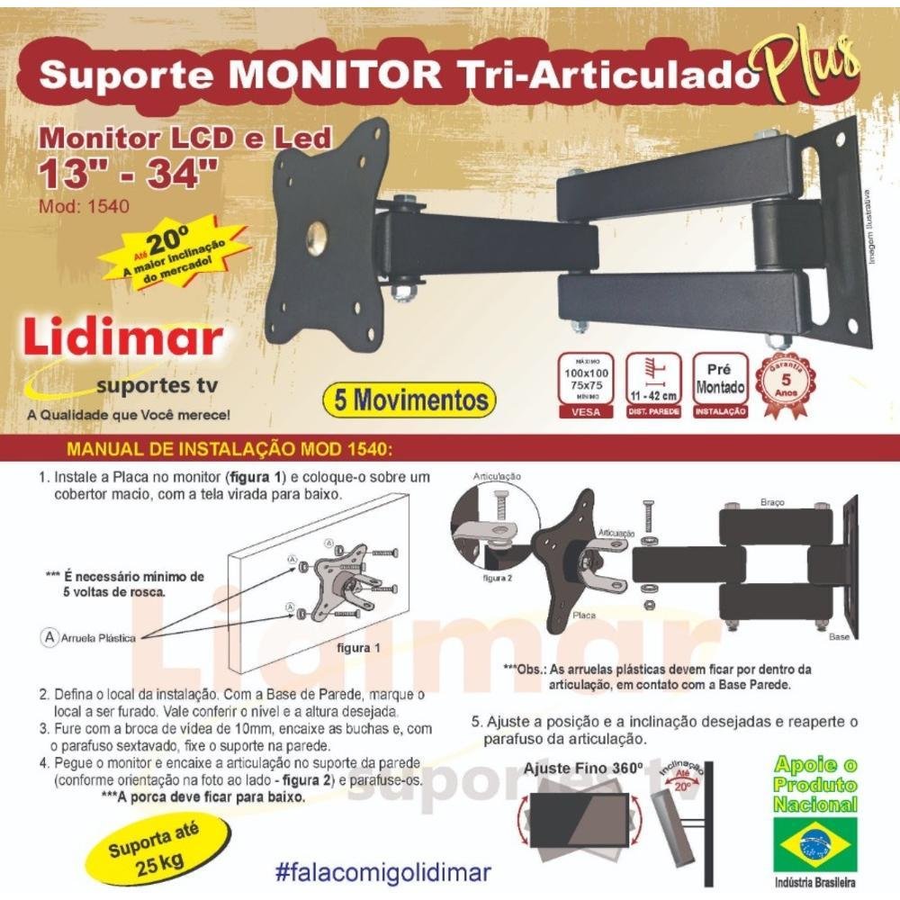 Imagem 3 de 3 do produto Suporte Lidimar Monitor Tri Articulado Plus 13 À 34 Polegadas Lidimar Preto