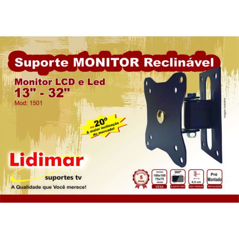 Imagem 2 de 3 do produto Suporte Lidimar Reclinável Para Monitor De 13 À 34 Polegadas Lidimar Preto