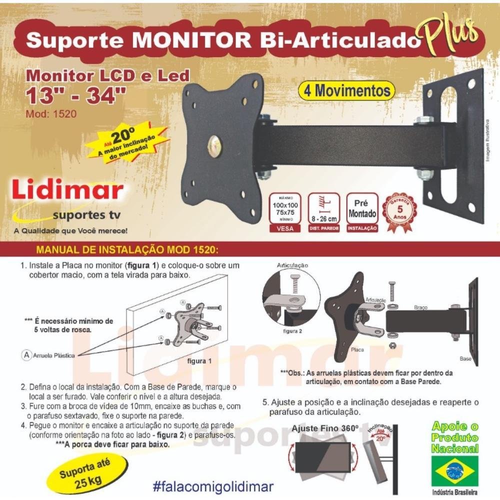 Imagem 2 de 3 do produto Suporte Lidimar Monitor Bi Articulado Plus 13 À 34 Polegadas Lidimar Preto