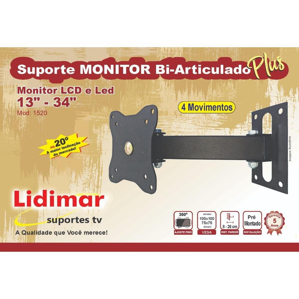 Imagem 3 de 3 do produto Suporte Lidimar Monitor Bi Articulado Plus 13 À 34 Polegadas Lidimar Preto