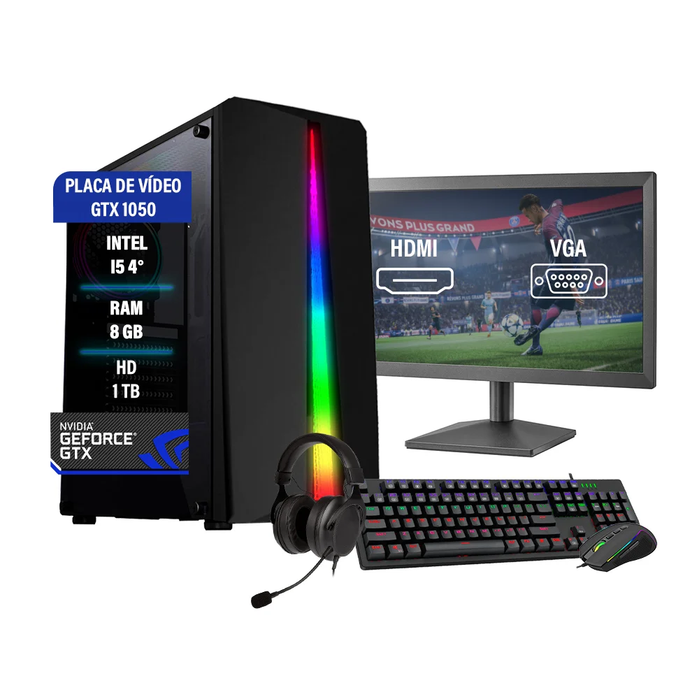 PC Gamer Completo Intel Core I5 4570, 4a Geração, 8GB, Gtx 1050ti 2GB, 1TB + Monitor 19 LED