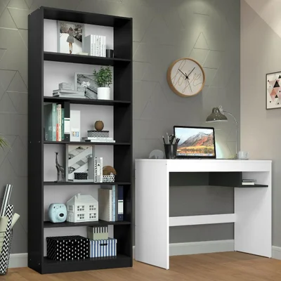 Escrivaninha Madesa Rubi + Estante Livreiro 6908 Branco e preto