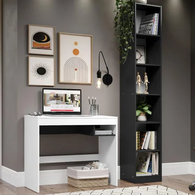 Escrivaninha Madesa Rubi + Estante Livreiro 6906, Branco e preto