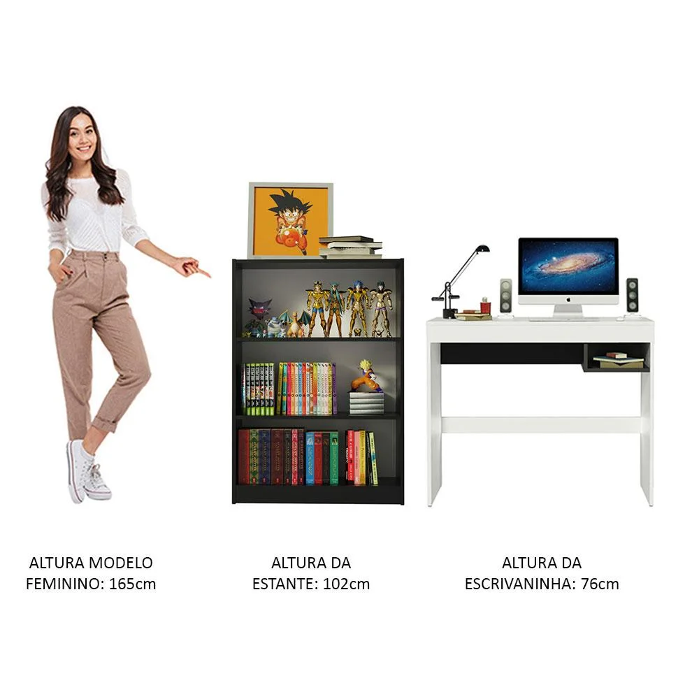 Imagem 3 de 5 do produto Escrivaninha Madesa Rubi + Estante Livreiro 6907 Branco e Preto