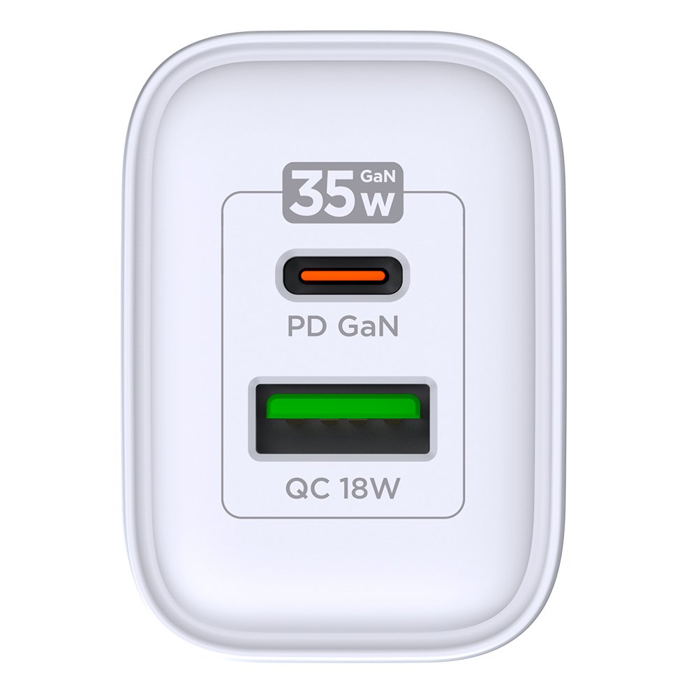 Carregador de Parede USB GaN, 2 Portas, Tipo-C Power Delivery + USB-A Quick Charge 3.0, 30W, Branco, W35GAN, ELG