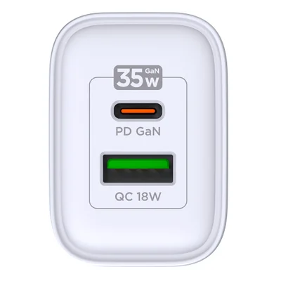 Carregador de Parede USB GaN, 2 Portas, Tipo-C Power Delivery + USB-A Quick Charge 3.0, 30W, Branco, W35GAN, ELG