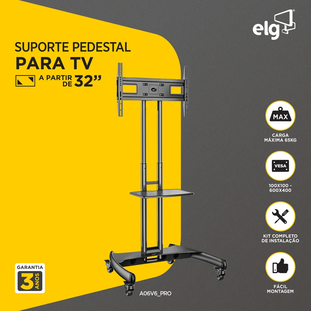 Imagem 2 de 5 do produto Suporte Pedestal Móvel Para Tv E Monitor A Partir De 32", Com Altura Ajustável E Rodas, Suporta Até 65kg, Preto, A06v6_pro, Elg