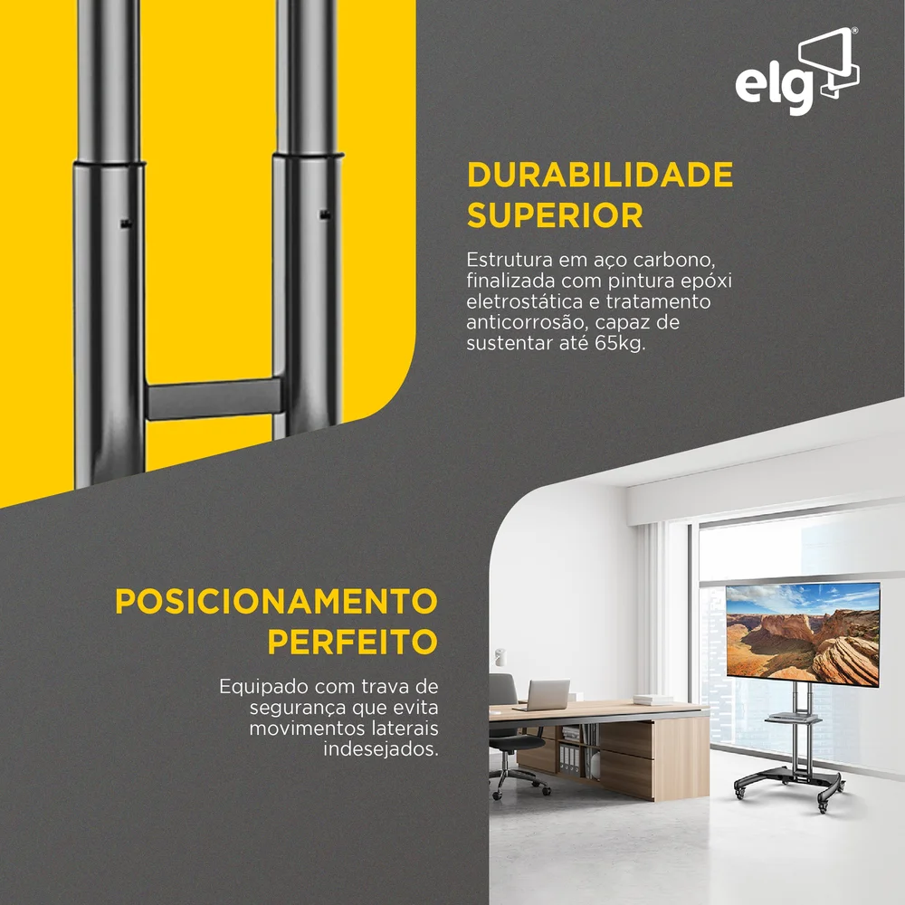 Imagem 3 de 5 do produto Suporte Pedestal Móvel Para Tv E Monitor A Partir De 32", Com Altura Ajustável E Rodas, Suporta Até 65kg, Preto, A06v6_pro, Elg