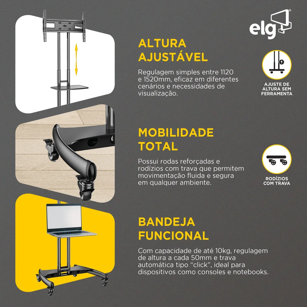 Imagem 5 de 5 do produto Suporte Pedestal Móvel Para Tv E Monitor A Partir De 32", Com Altura Ajustável E Rodas, Suporta Até 65kg, Preto, A06v6_pro, Elg