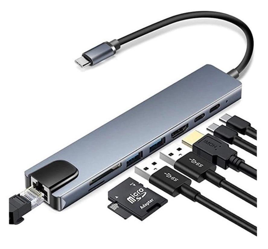 Adaptador Hub Dex Type C 8x1, HDMI 4k, Lan, USB 3.0, Leitor SD Para Macbook