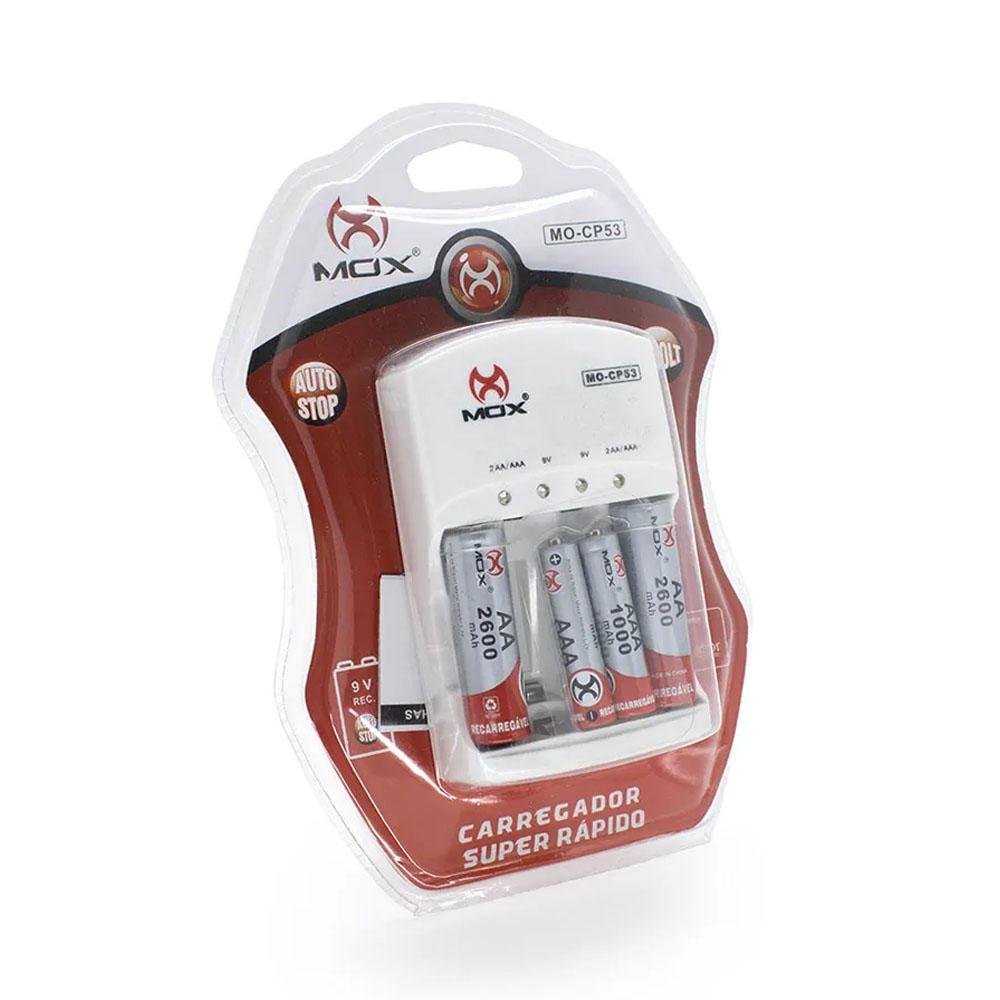 Carregador De Pilhas Mox Cp-53 Aa Aaa E Baterias 9v Recarregáveis Bivolt Carregador De Pilhas Mox Cp-53 Aa Aaa E Baterias 9v Recarregáveis Bivolt