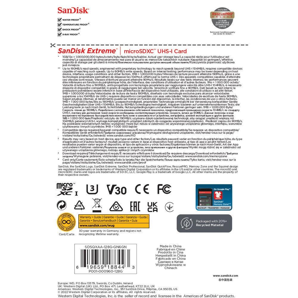 Cartão Microsdxc Sandisk, 128GB, Extreme De 190MB/s Uhs-i / V30 / U3 / A2