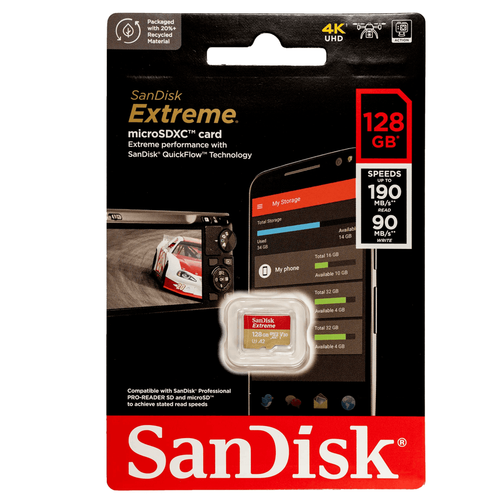 Cartão Microsdxc Sandisk, 128GB, Extreme De 190MB/s Uhs-i / V30 / U3 / A2
