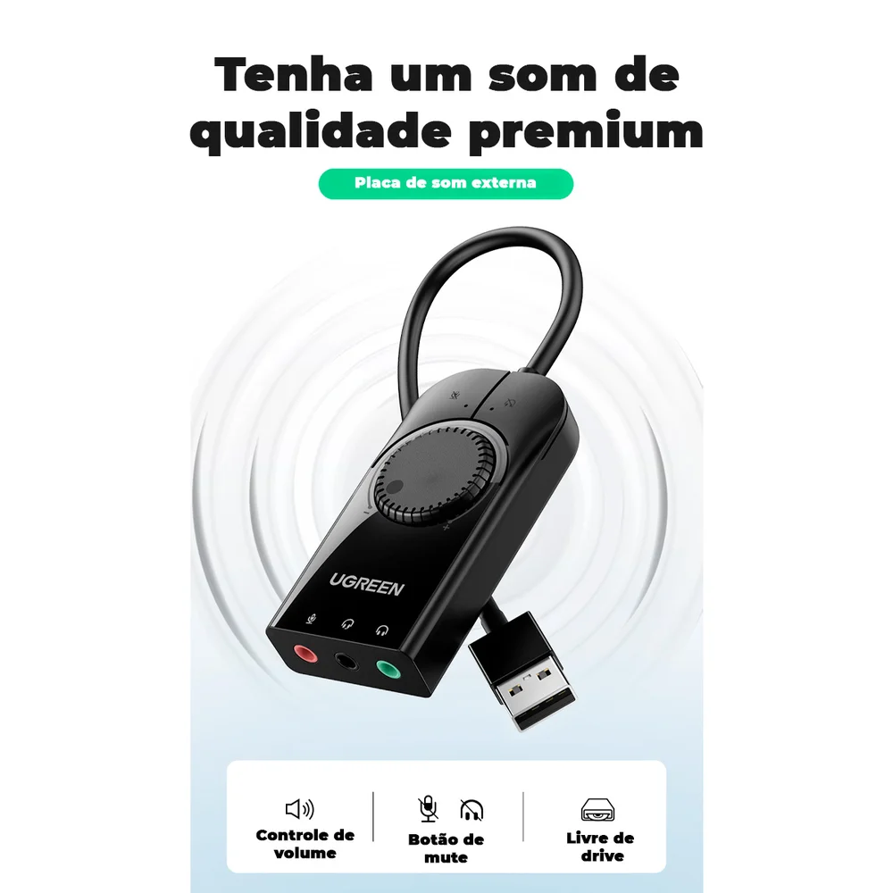 Imagem 3 de 5 do produto Adaptador Áudio Externo Ugreen, 3 Em 1 Interf. Usb 2.0 - 15cm