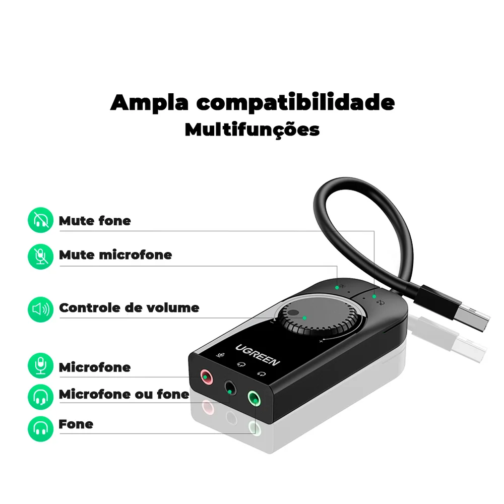 Imagem 5 de 5 do produto Adaptador Áudio Externo Ugreen, 3 Em 1 Interf. Usb 2.0 - 15cm