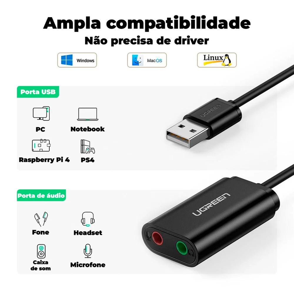 Imagem 4 de 5 do produto Adaptador De Áudio Externo Ugreen, Interface Usb 2.0 - Preto