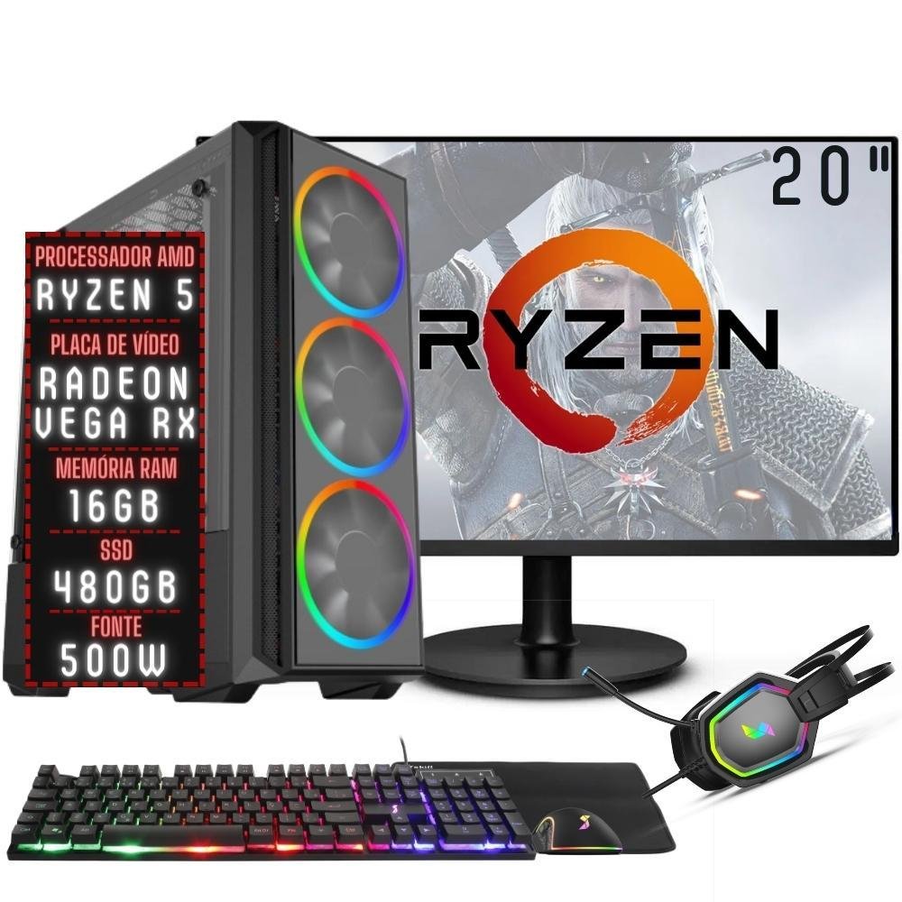 Pc Gamer Completo 3green Force Amd Ryzen 5 16GB Ddr4 Placa De Vídeo Radeon Rx SSD 480GB Monitor 20´´ 75hz Fonte 500w 3gfo-032