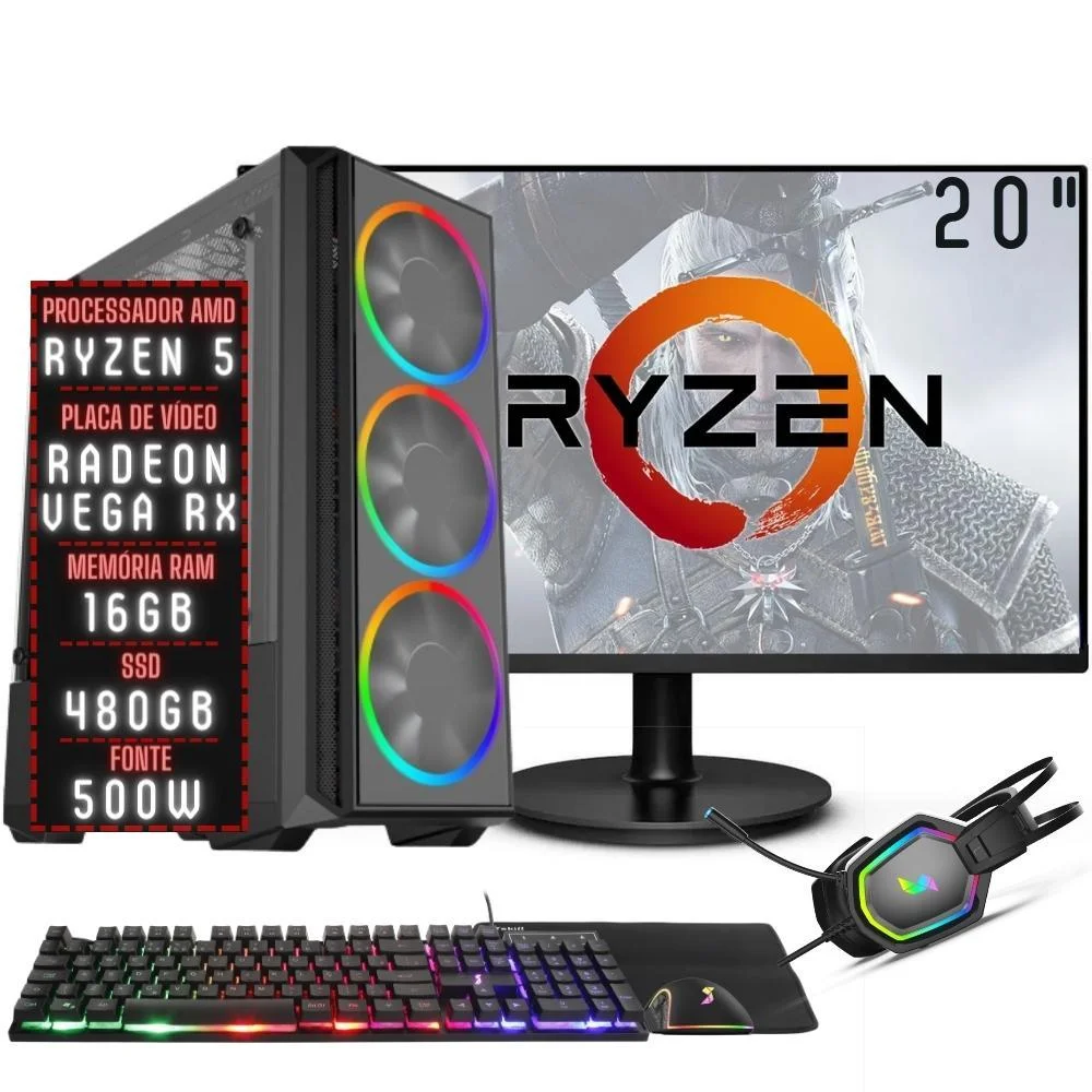 PC Gamer Completo Balão.info Force Amd Ryzen 5 16gb Ddr4 Placa De Vídeo Radeon Rx SSD 480GB Monitor 20" 75hz Fonte 500w 3gfo-032