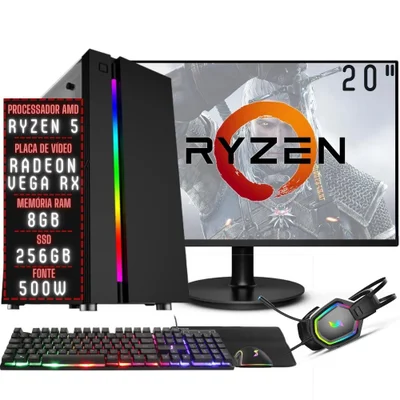 PC Gamer Completo 3green Force Amd Ryzen 5 8GB Ddr4 Placa De Vídeo Radeon Rx SSD 256gb Monitor 20" 75hz Fonte 500w 3gfo-025