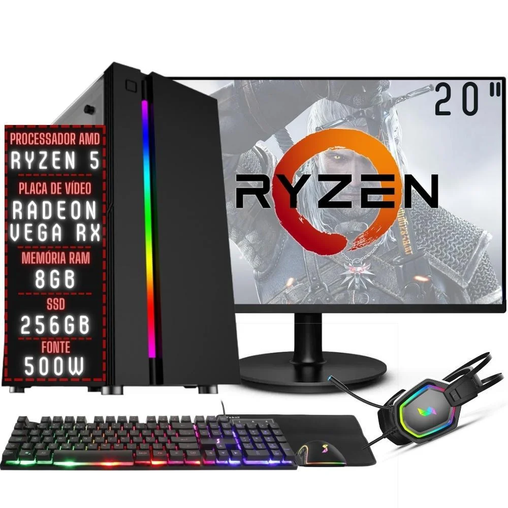 PC Gamer Completo Balão.info Force Amd Ryzen 5 8GB Ddr4 Placa De Vídeo Radeon Rx SSD 256gb Monitor 20" 75hz Fonte 500w 3gfo-025