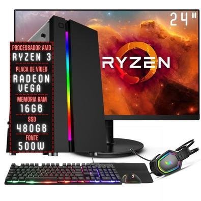 Pc Gamer Completo 3green Force Amd Ryzen 3, 16GB RAM DDR4, SSD 480GB, Radeon Vega, Monitor 24 Polegadas, 75hz, Fonte 500w, 3gfo-036