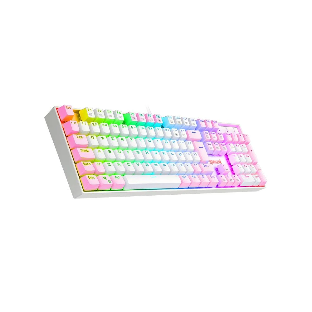 Teclado Mecânico Gamer Redragon Mitra Branco, RGB Rosa, Full Size, ABNT2, N-Key Rollover, Altura Ajustável, Double Shot Injection, USB 2.0 - K551WP-RGB PT-Blue Teclado Mecânico Gamer Redragon Mitra Branco, RGB Rosa, Full Size, ABNT2, N-Key Rollover, Altura Ajustável, Double Shot Injection, USB 2.0 - K551WP-RGB PT-Blue