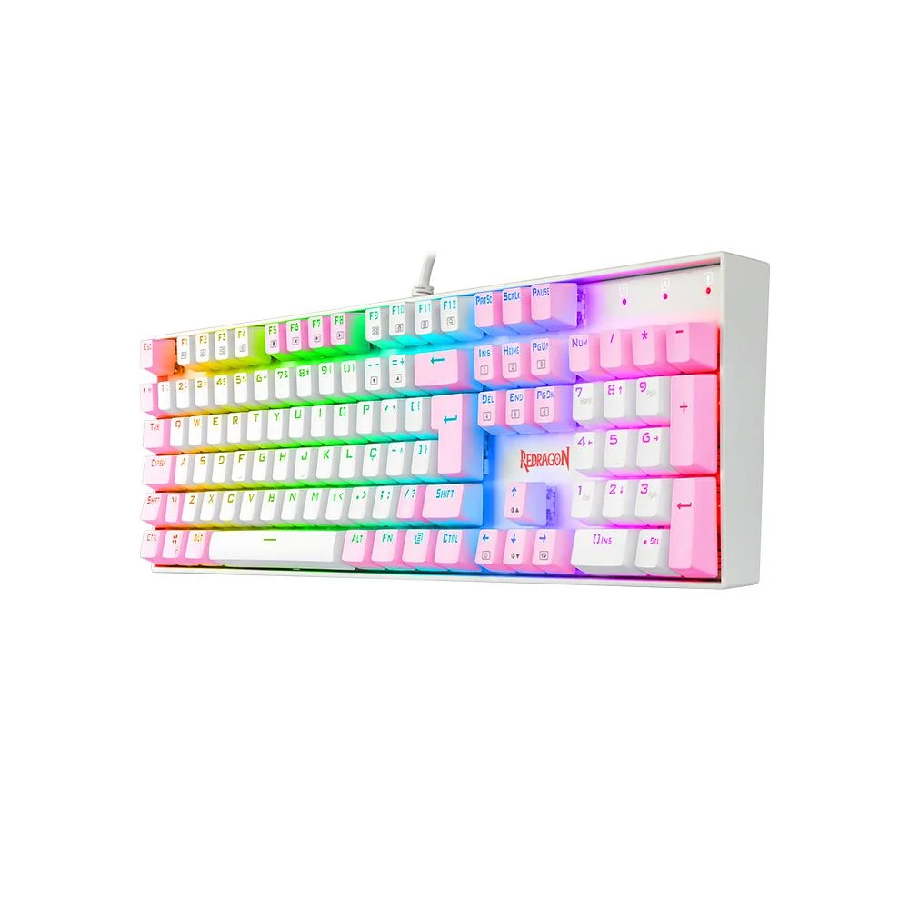 Teclado Mecânico Gamer Redragon Mitra Branco, RGB Rosa, Full Size, ABNT2, N-Key Rollover, Altura Ajustável, Double Shot Injection, USB 2.0 - K551WP-RGB PT-Blue Teclado Mecânico Gamer Redragon Mitra Branco, RGB Rosa, Full Size, ABNT2, N-Key Rollover, Altura Ajustável, Double Shot Injection, USB 2.0 - K551WP-RGB PT-Blue