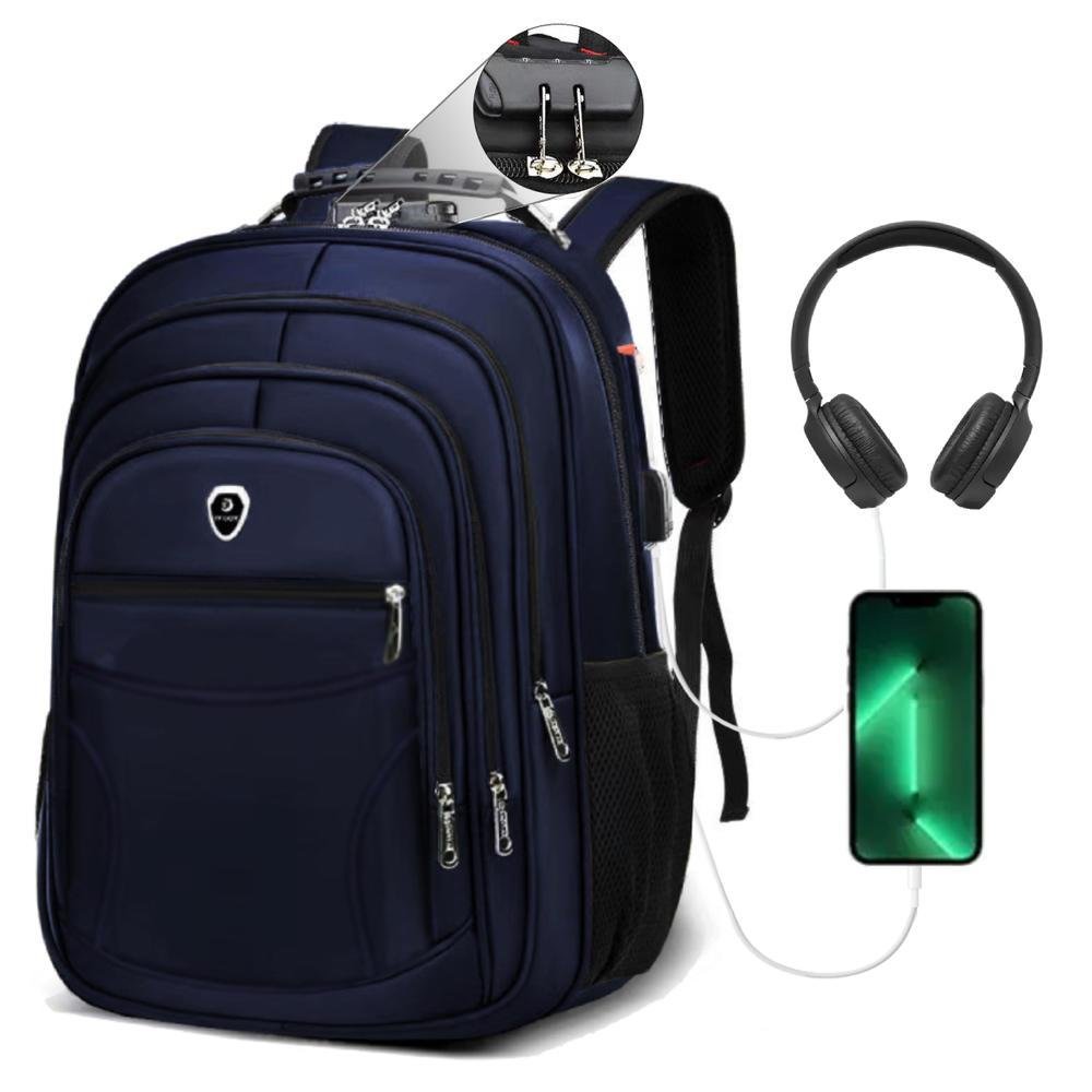 Imagem 2 de 5 do produto Mochila Grande Executiva, Anti Furto, para Notebook, Saída Cabo USB e Fone de Ouvido, Azul Marinho