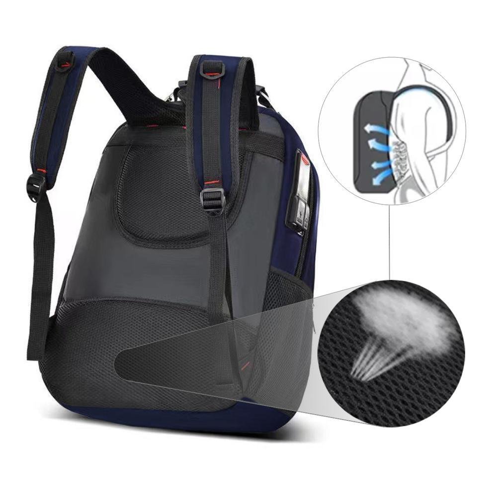Imagem 3 de 5 do produto Mochila Grande Executiva, Anti Furto, para Notebook, Saída Cabo USB e Fone de Ouvido, Azul Marinho