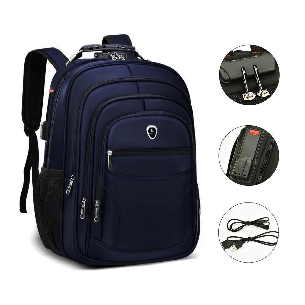 Imagem 4 de 5 do produto Mochila Grande Executiva, Anti Furto, para Notebook, Saída Cabo USB e Fone de Ouvido, Azul Marinho
