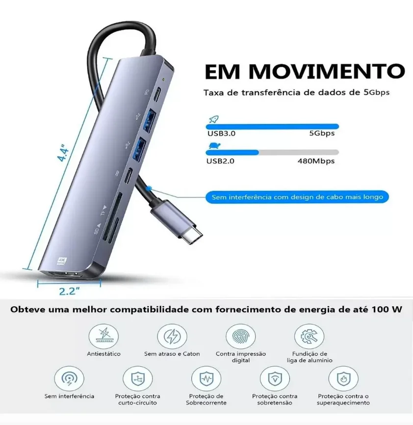 Imagem 3 de 4 do produto Hub Adaptador Aula Uc-902 USB-c HDMI4k,microsd,sdcard,USB 3.0 Macbook