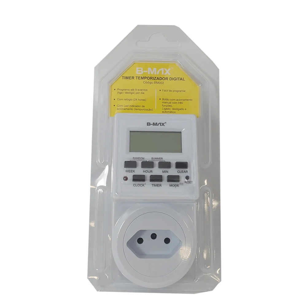 Imagem 2 de 5 do produto Timer Temporizador B-max Digital LCD, 2.200W, 10Ah, Tomada Bivolt, 9 Programas Liga E Desliga