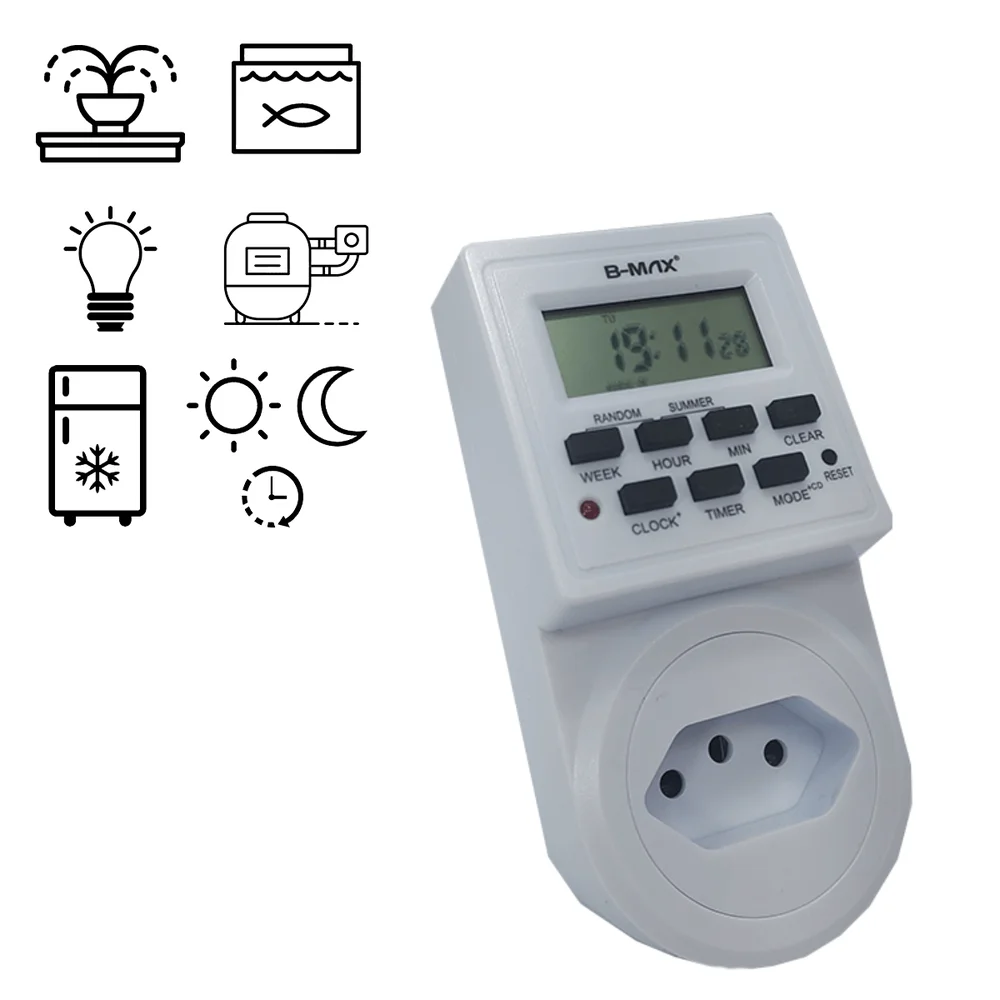 Imagem 3 de 5 do produto Timer Temporizador B-max Digital LCD, 2.200W, 10Ah, Tomada Bivolt, 9 Programas Liga E Desliga