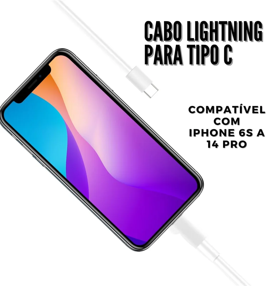 Imagem 4 de 4 do produto Cabo Lightning Iphone 11 12 E 13, 20w, Turbo, Para Usb-c, 1m, Branco