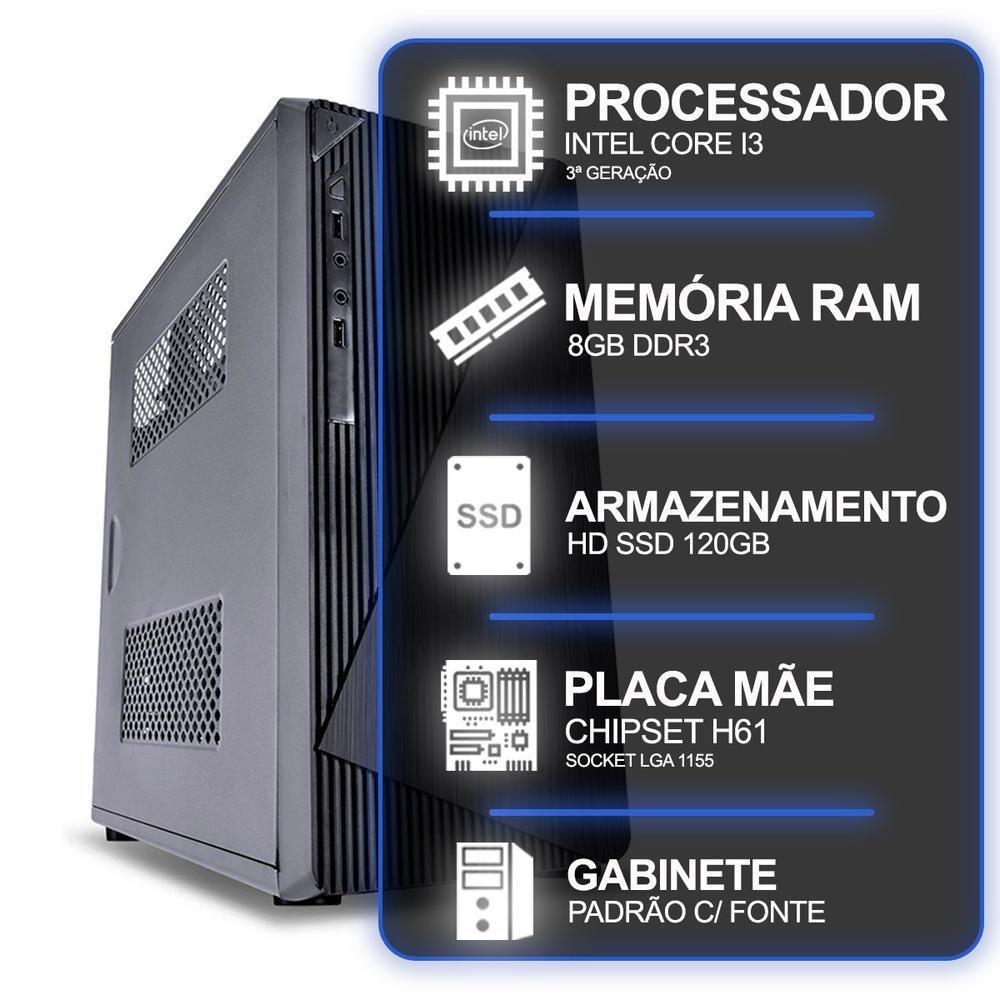 Computador Desktop, Intel Core I3 3º Geração, 8GB RAM, HD SSD 120GB, Conexões USB, VGA, HDMI, lan, som