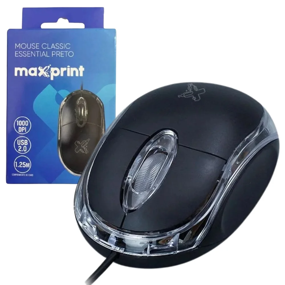 Imagem 3 de 5 do produto Mouse Maxprint Classic Essential, Com Fio, 1000dpi, Preto, USB