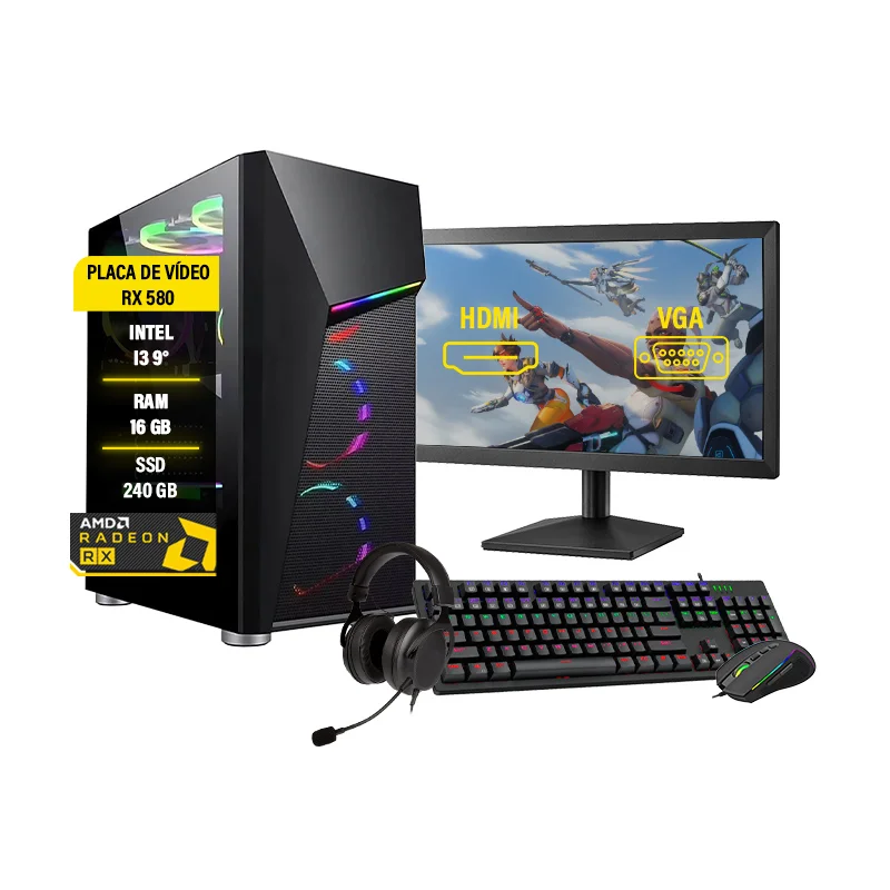 Pc Gamer Completo Balão.info I3 9° 16GB, SSD 240, HD 1TB, RX 580 8GB, Monitor