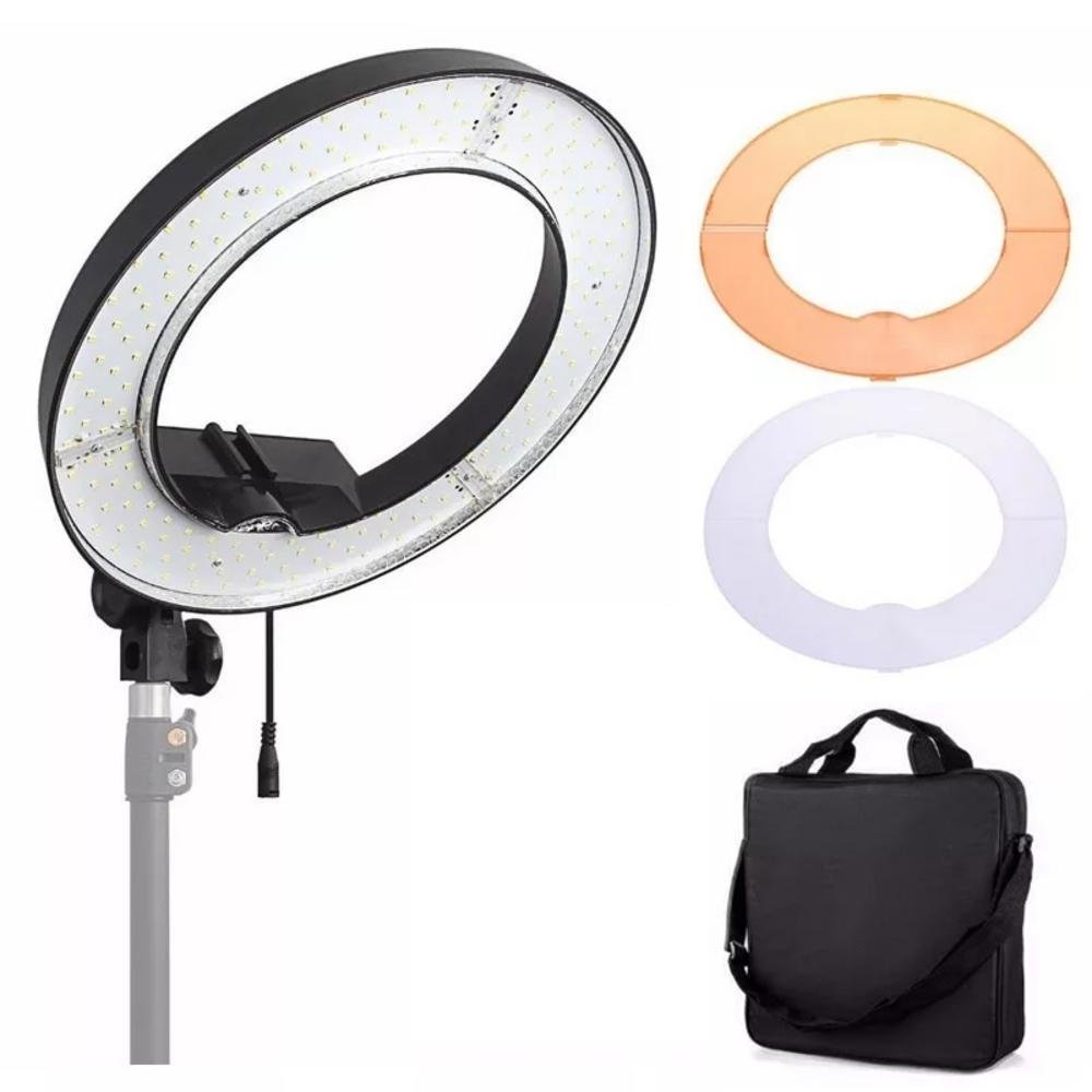 Imagem 1 de 5 do produto Iluminador Ring Light Lorben, 18 Polegadas, 48cm, 240 Led, 50w, 5500k Com Tripé Suporte Câmera 2 Filtros Difusores - (branco E Amarelo)