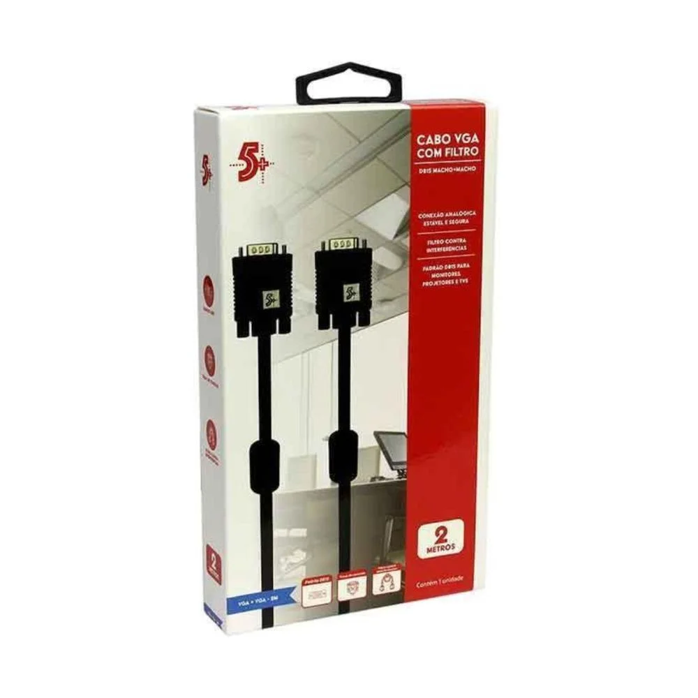 Imagem 2 de 5 do produto Cabo Vga Macho + Vga Macho 2m C/filtro Preto 5+, Santana - 018-9572