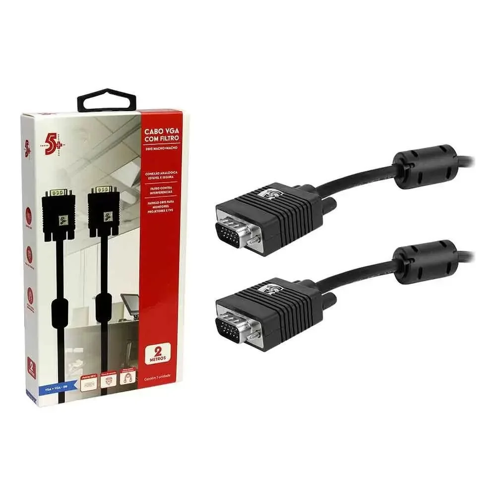 Imagem 3 de 5 do produto Cabo Vga Macho + Vga Macho 2m C/filtro Preto 5+, Santana - 018-9572