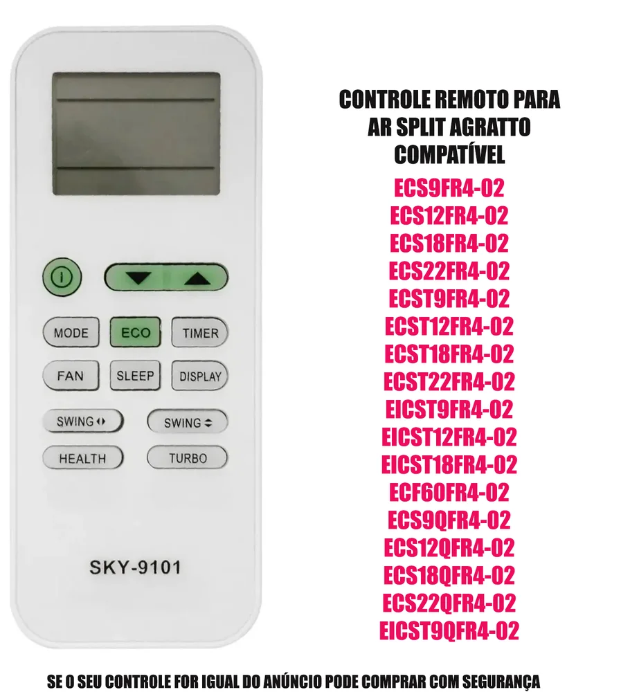 Imagem 2 de 4 do produto Controle Remoto Para Ar Split Agratto Ecs22fr4-02 Compatível